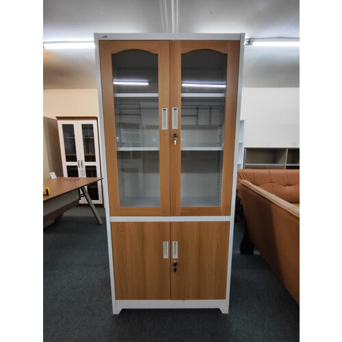 WLS-006 2 METAL+2 GLASS DOOR FILE CABINET-WHITE+LIGHT WOOD